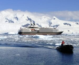  Expedition ship and a motor boat in the North Pole